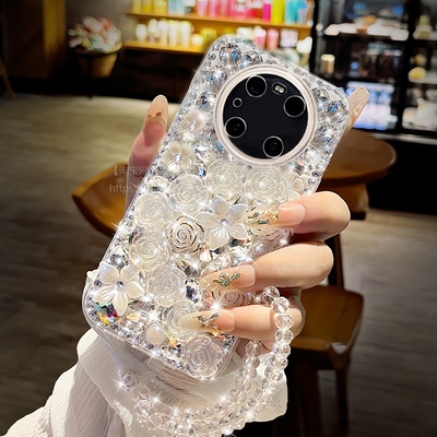 满钻花朵适用华为mate70pro+透明手机壳MATE60PRO全包防摔mate50带挂绳mate40女爆款30pro保护20新品