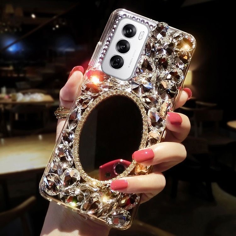 适用于OPPOReno12化妆镜子手机壳reno12pro网红Reno11奢华水钻A3Pro全包防摔女款A2PRO软壳K12闪钻A97A96A93S