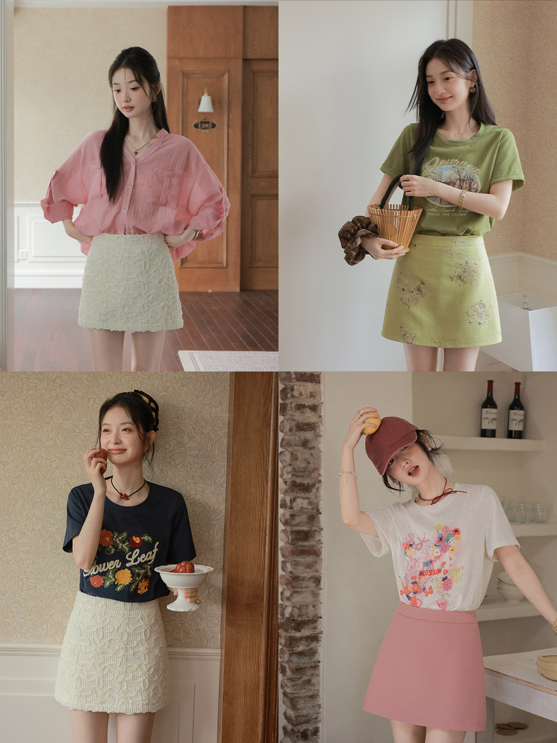 Collage of models wearing pastel summer outfits with skirts and graphic tops