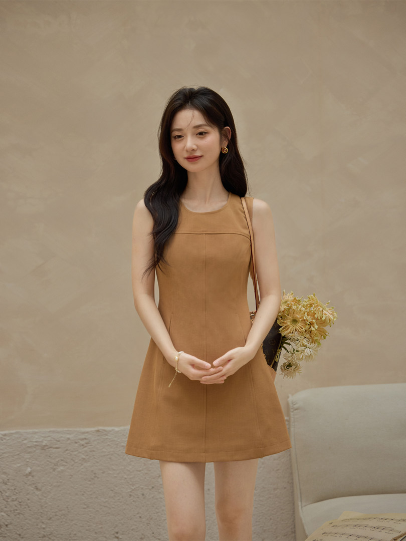 Model wearing a sleeveless tan A-line dress