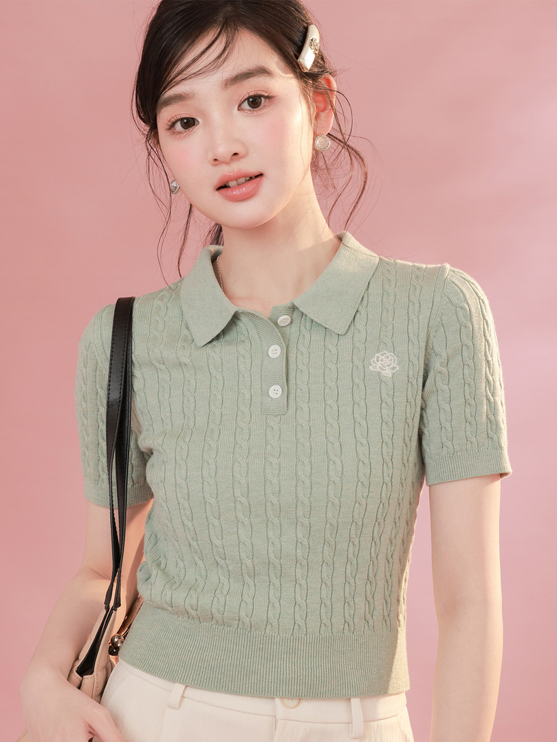 Model wearing a light green short-sleeve cable knit polo top
