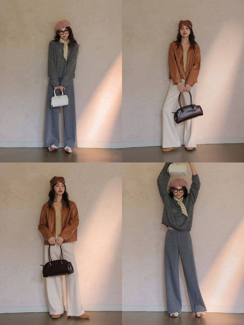 Collage of fashion model outfits featuring cozy knitwear, wide-leg pants, berets, and handbags