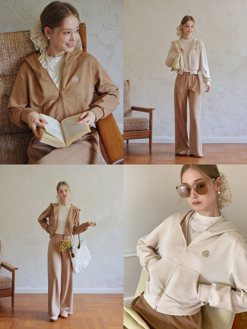 Beige and brown hooded loungewear set worn by a model