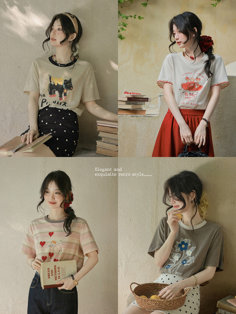 Collage of women wearing retro graphic T-shirts in different outfits