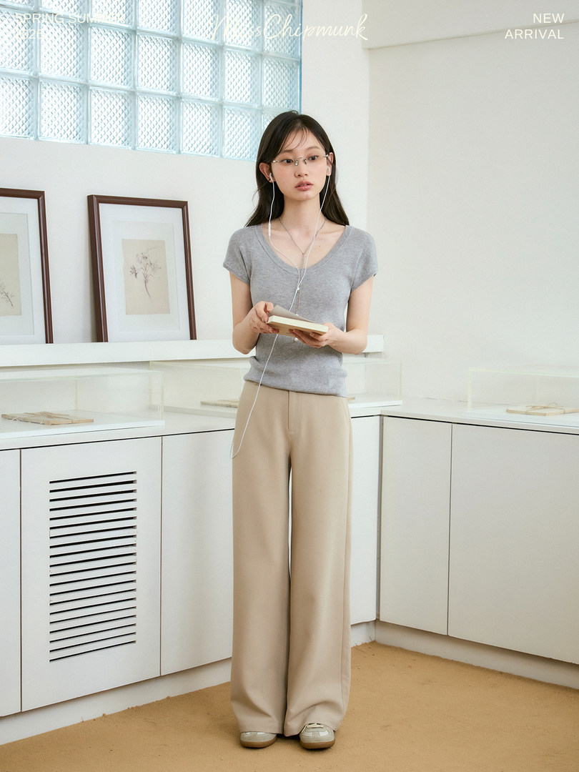 Model wearing a gray V-neck top and beige wide-leg pants indoors