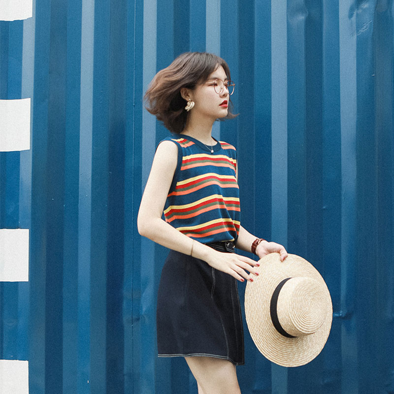 花栗鼠小姐 针织背心女夏季新款外穿复古撞色条纹无袖t恤百搭上衣