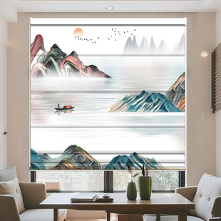 双层电动罗马帘阳台手动升降罗马帘窗帘遮光印花定制窗帘遮阳智能