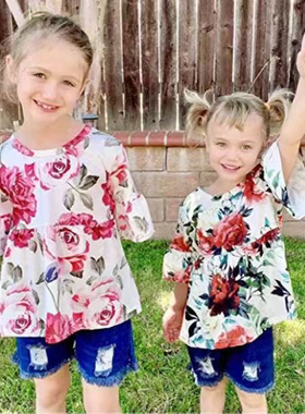 童装女童夏装套装2024新款儿童玫瑰印花短袖上衣破洞牛仔裤两件套