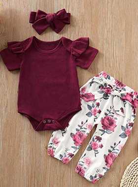 外贸婴儿短袖哈衣套装女婴纯色夏款酒红腰带花朵印花长裤亚马逊款