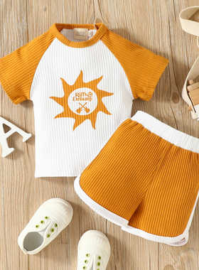 外贸跨境男童短袖童套装桔色针织短袖短裤日常两件套优惠特卖