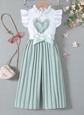 欧美风女童飞袖荷叶领百褶连体裤2025新款褶皱阔腿女孩外出长裤