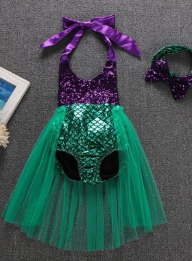 2025INS人气新品女婴2岁连体亮片游泳衣比基尼美人鱼连衣裙 头饰