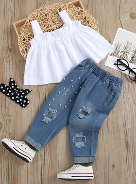 2025外贸童装夏季女童白色花边吊带衫上衣钉珠破洞牛仔裤两件套装