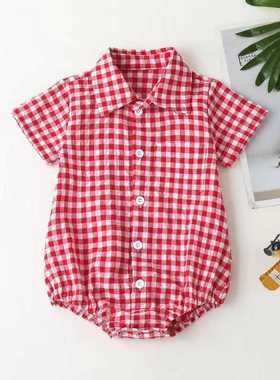 夏装韩版爬子哈衣款新男童帅气格polo连体衣短袖三角爬婴服