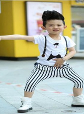 2019两件套童装夏季韩版新款中小童条纹背带棉短袖上衣套装促销