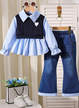 女童学院风套装女宝时髦2025春秋季新款儿童洋气长袖配牛仔长裤