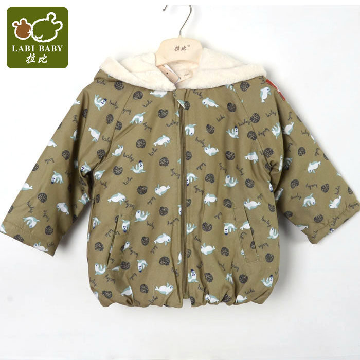 拉比正品冬季男童带帽加厚外套婴幼儿宝宝帅气加绒棉袄上衣2折