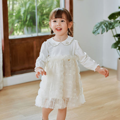 拉比专柜同款女童夏装新品透气短袖薄公主裙子娃娃领长袖连衣裙