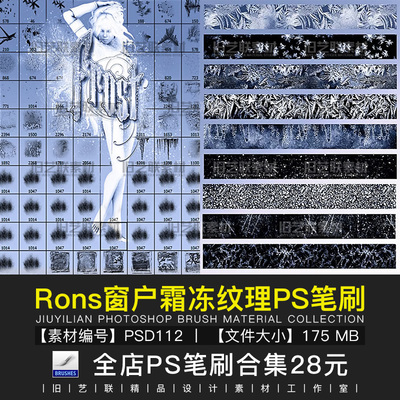 PS笔刷窗户窗花霜冻结冰效果纹理冰晶冰锥冰花图案设计素材PSD112