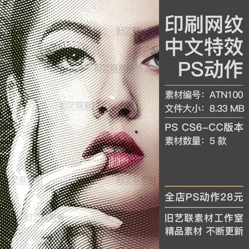 中文特效PS动作照片添加印刷半调网纹网格纹理海报设计素材ATN100