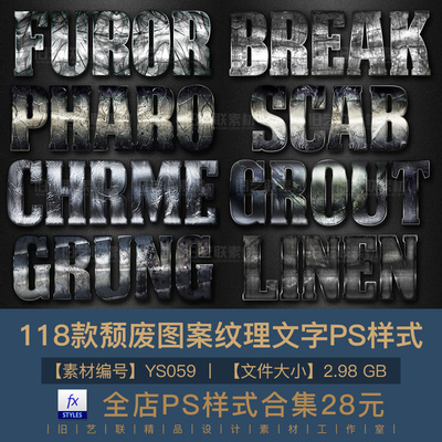 PS字体图层样式3D颓废工业金属图案PSD海报文字特效设计素材YS059