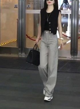 23529大爱美依缘2024夏季新款韩版黑色无袖上衣高腰条纹裤显瘦女