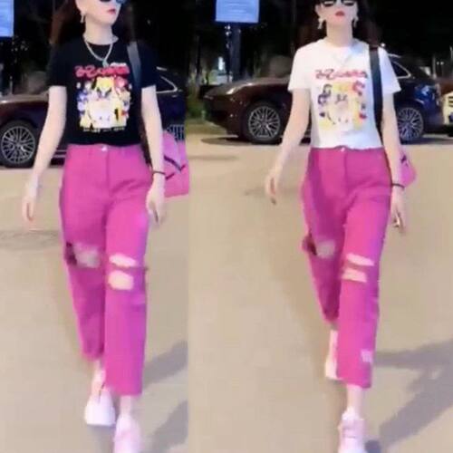 88555大爱美依缘2024夏季新款印花美少女T恤高腰破洞女裤时尚显瘦