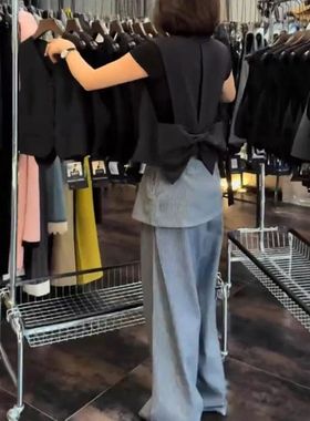 25197大爱美依缘2025夏季新款洋气后背蝴蝶结马甲条纹阔腿裤女潮