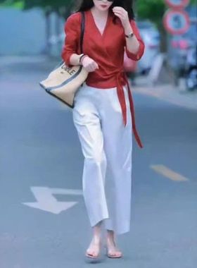 24277大爱美依缘2025夏季新款V领系带薄款上衣纯色阔腿裤显瘦时尚