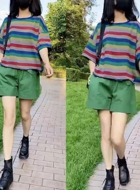 9563大爱美依缘2024夏季新款时尚韩版套装条纹半袖上衣绿色短裤潮