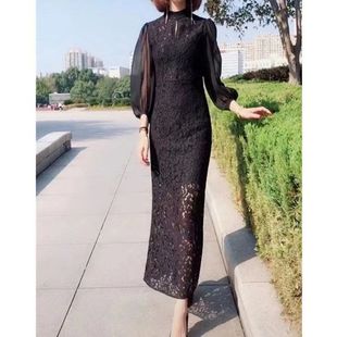 强9102大爱美依缘2025春夏季新款韩版时尚黑色修身长款连衣裙女款