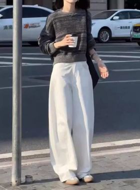24736大爱美依缘2024秋季新款复古灰色圆领长袖上衣高腰阔腿裤女