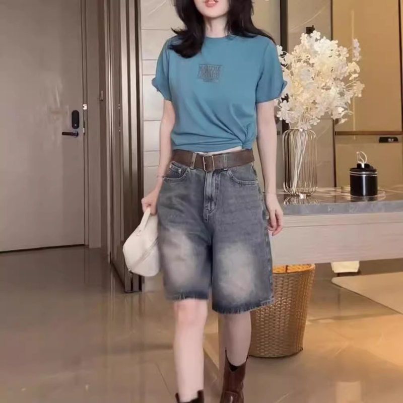 24616大爱美依缘2025夏季新款韩版圆领短袖T恤直筒五分牛仔短裤女