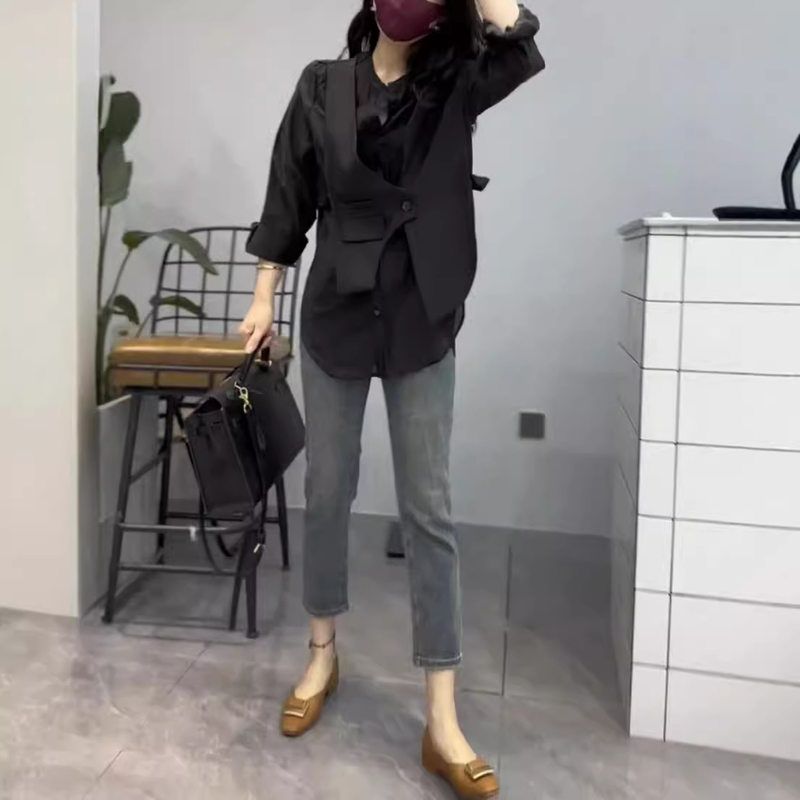 23586大爱美依缘2025秋季新款韩版时尚假两件上衣牛仔小脚裤洋气