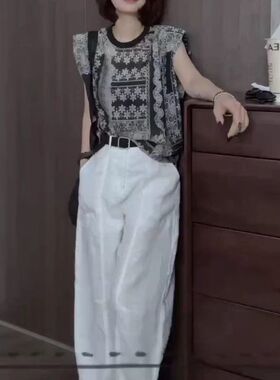 25337大爱美依缘2025夏季新款法式复古无袖印花上衣休闲阔腿裤女