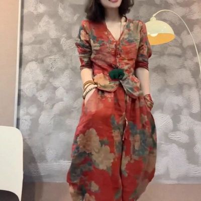 52810大爱美依缘2025夏季新款民族风复古V领上衣休闲灯笼裤时尚