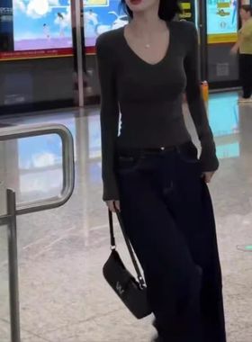 24782大爱美依缘2025秋季新款韩版纯色长袖修身T恤高腰直筒裤女潮