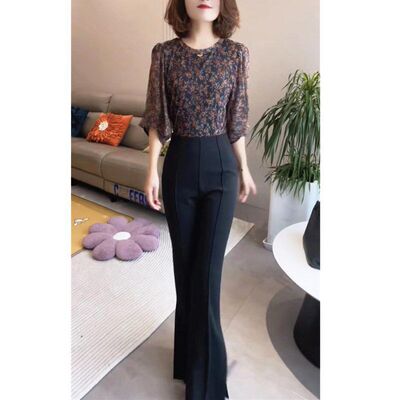 23137大爱美依缘2024春夏新款圆领碎花中袖雪纺衫高腰开叉长裤女