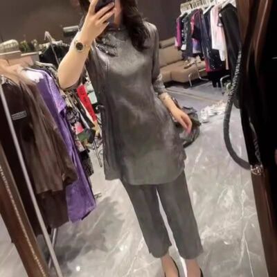 24136大爱美依缘2024夏季新款国风盘扣中长款上衣宽松小脚裤显瘦