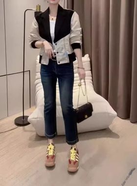 24731大爱美依缘2025秋季新款韩版时尚拼色夹克外套牛仔九分裤女