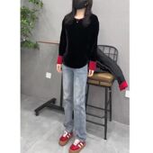 2415大爱美依缘早春新款 女装 设计感丝绒撞色打底衫 高腰直筒牛仔裤