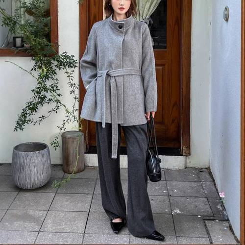 ZY25360大爱美依缘2025秋季新款立领毛呢外套小个子系带呢子大衣