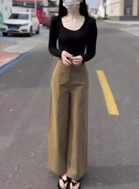 24658大爱美依缘2025早秋新款修身长袖黑色U领上衣高腰直筒裤女潮