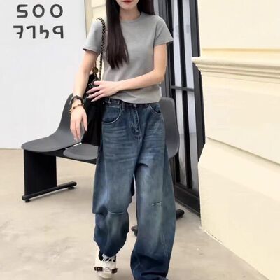 25019古哥奇2025春季新款时尚显瘦阔腿牛仔裤高腰宽松长裤女