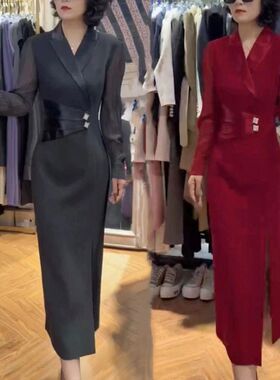 22887大爱美依缘2024秋冬新款洋气西服领拼接修身开叉显瘦连衣裙