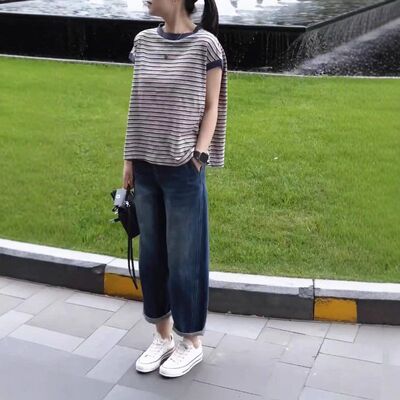 25239大爱美依缘2025夏季新款条纹短袖宽松T恤休闲牛仔阔腿裤时尚