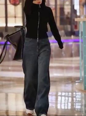 82011大爱美依缘2024秋冬新款韩版修身显瘦开衫高腰阔腿牛仔裤女
