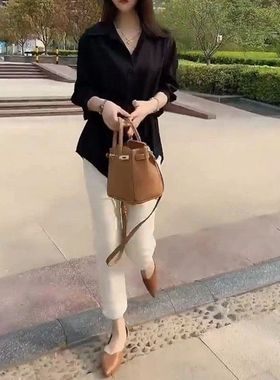 24162大爱美依缘2024夏季新款纯色系带衬衫女时尚九分裤修身显瘦