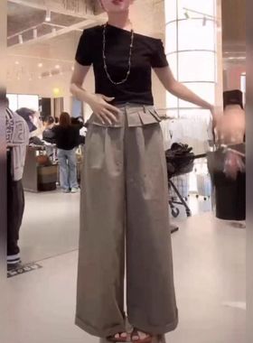 25365大爱美依缘2025夏季新款斜肩露肩修身显瘦T恤休闲阔腿裤洋气