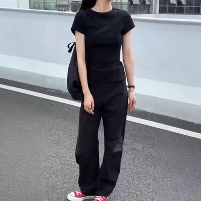 25550大爱美依缘2025夏季新款时尚简约纯色修身T恤休闲阔腿裤洋气